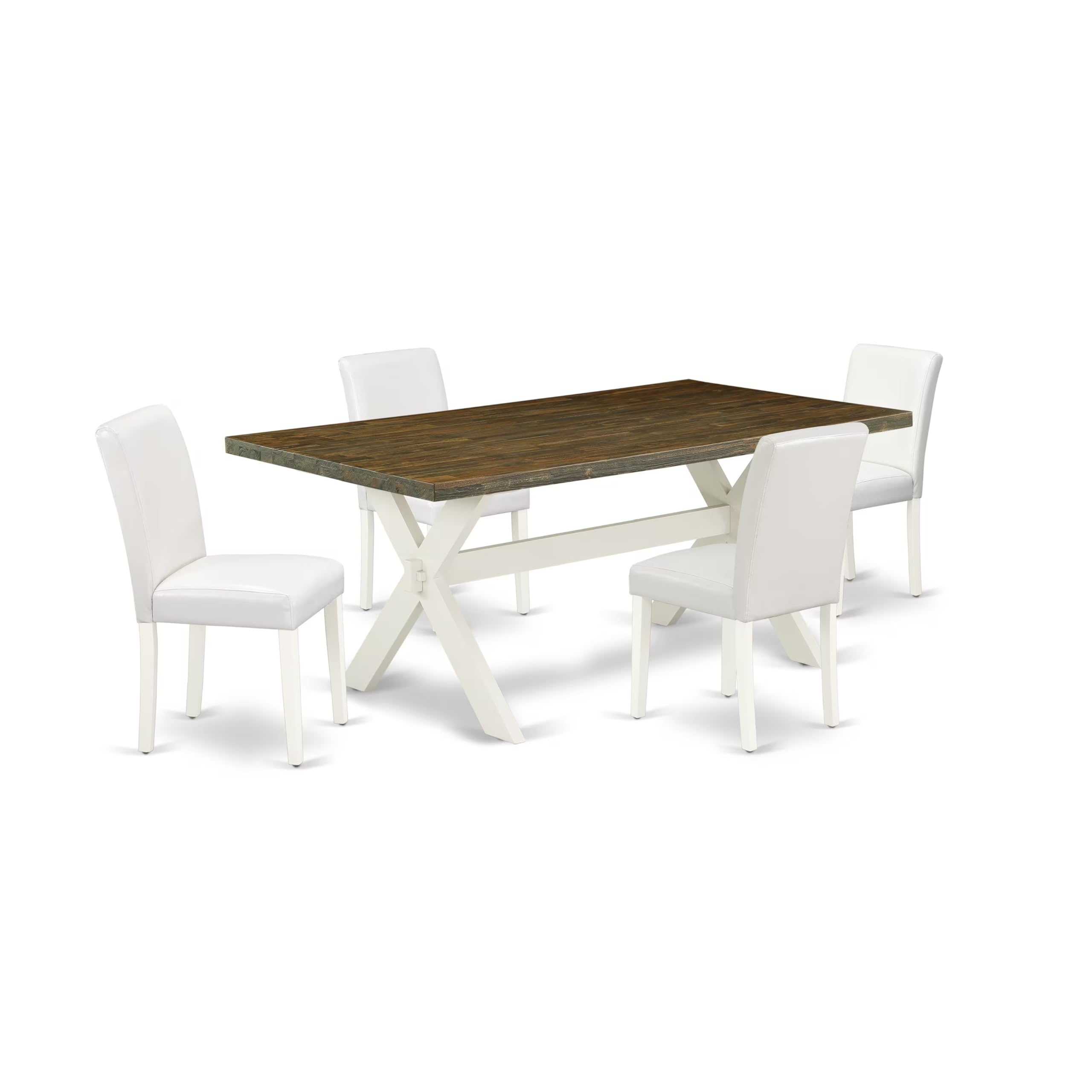 East West Furniture X077Ab264-5 5 Piece Modern Dining Table Set Includes A Rectangle Wooden Table With X-Legs And 4 White Faux Leather Parsons Dining Chairs, 40X72 Inch, Multi-Color